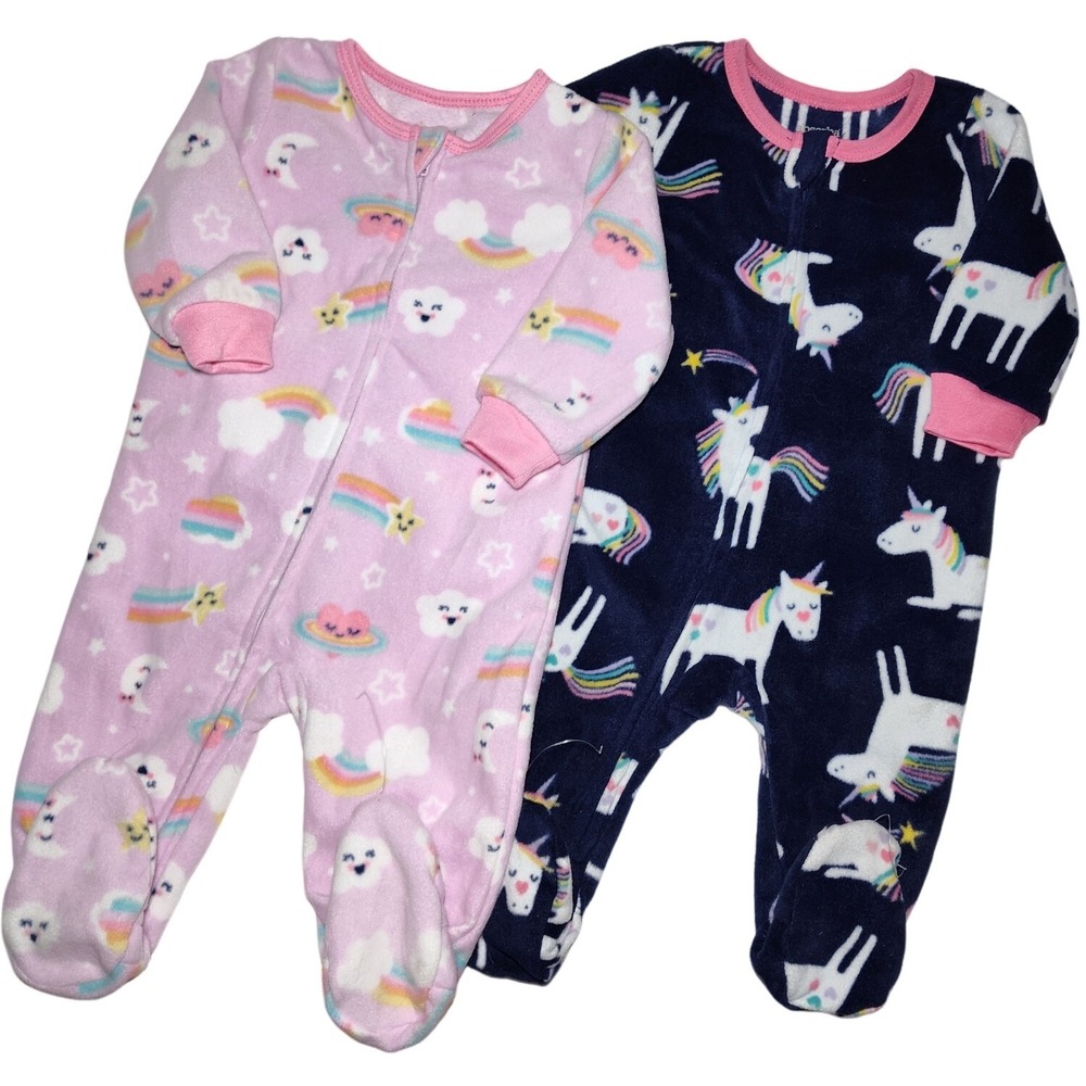 2 Absorba 6‎ Mos Girl Fleece Footed Sleeper Lot Rainbow Unicorn Star Cloud NWOT